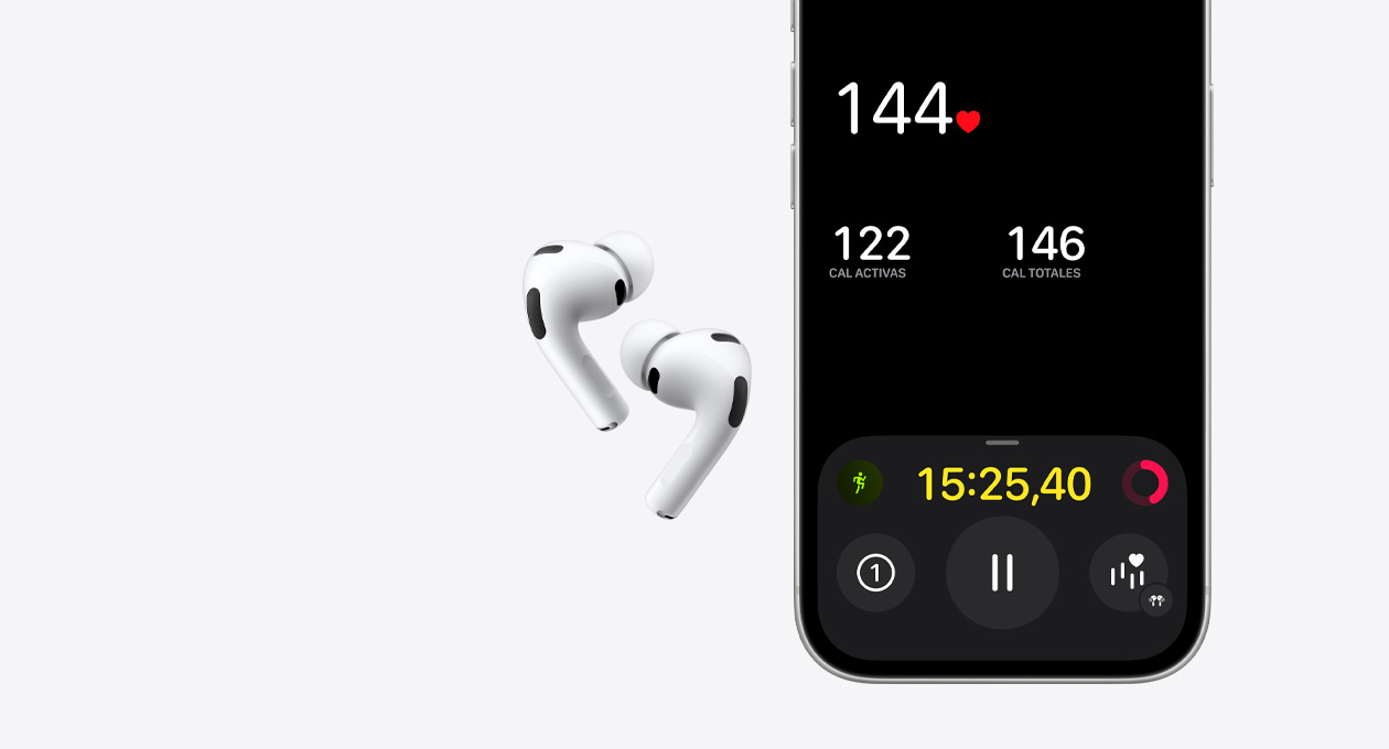 AirPods Pro 3, color blanco, mitad inferior de la pantalla de un iPhone 17 Pro, app Fitness, funcionalidad de detección de la frecuencia cardiaca