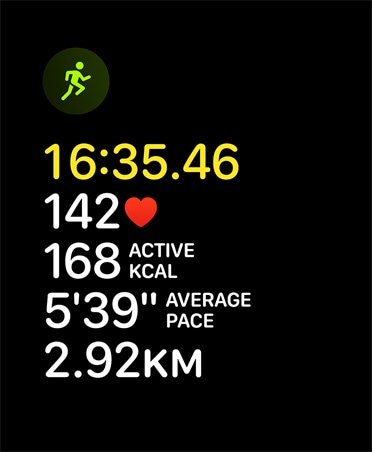 Karta cvičení Běh, ikona běžící postavy, údaje: uběhnutý čas, tepová frekvence, průběžné tempo, průměrné tempo, uběhnutá vzdálenost