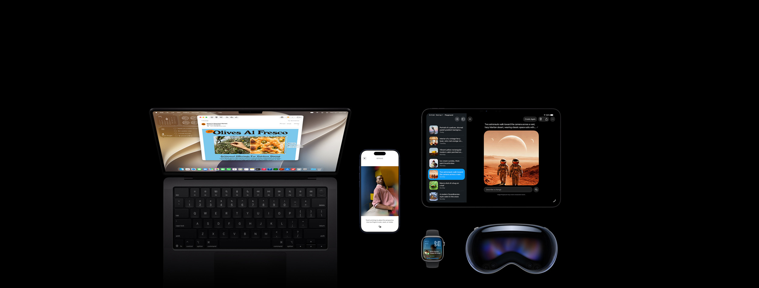Fünf Produkte: Das iPhone 17 Pro in Tiefblau zeigt das Feature zum Bearbeiten von Fotos mit einem Bild einer Person, die sich gegen eine Theke lehnt, Apple Watch Series 11, 46 mm, Space Grau, zeigt das Datum und den Sperrbildschirm mit einer Erinnerung an einen Geburtstag im Smart Stapel, das 14 Zoll MacBook Pro, Space Schwarz, zeigt eine Demo zur Visuellen Intelligenz mit einem Bildschirmfoto einer Oliven-Focaccia aus einer E‑Mail und mehreren Anfragen zum Bild, und das 11 Zoll iPad Pro, Space Schwarz, zeigt Image Playground mit dem Bild von zwei Astronauten, das aus einer Liste in der Seitenleiste ausgewählt wurde, Apple Vision Pro, Vorderansicht