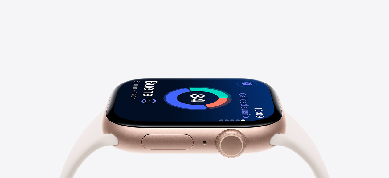 Apple Watch Series 11, color oro rosa, caja de aluminio, calidad del sueño, lateral derecho, Digital Crown, micrófono, botón lateral, correa deportiva blanco estrella