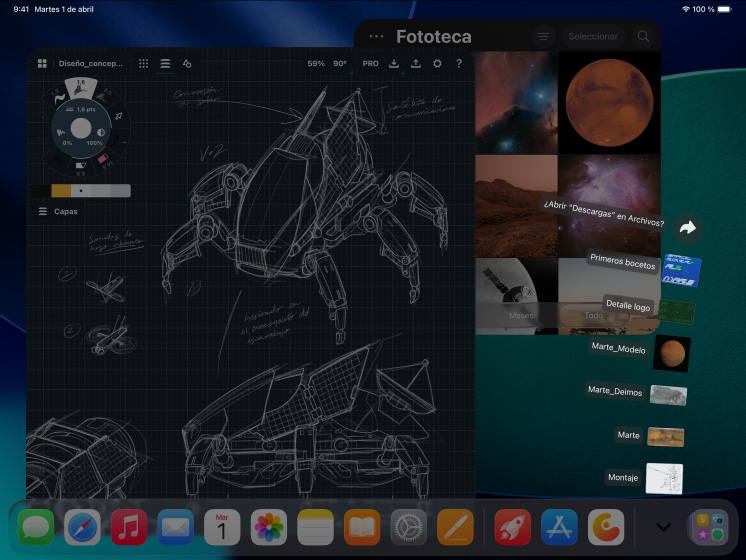 Tres dispositivos iPad Pro, parte delantera exterior, posición horizontal, negro espacial,, Apple Pencil Pro encima del iPad Pro, tres pantallas muestran aplicaciones de edición de fotos con proyectos abiertos de una modelo sobre un fondo rojo, bocetos de diseños mecánicos con herramientas de ajuste de color, la fototeca y la carpeta de descargas con archivos desplegados en abanico, y un software de modelado 3D con formas geométricas y anotaciones y fórmulas manuscritas