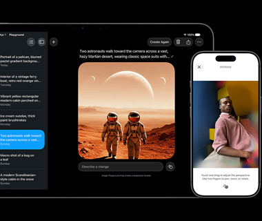 Apple Intelligence al lavoro: su iPad Pro 11 pollici mostra due astronauti che camminano in un deserto marziano, e su iPhone 17 Pro ritocca la prospettiva di una foto.
