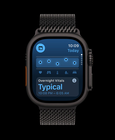Apple Watch Ultra 3, kleur zwart, kast van titanium, Vitale Functies-app, grafiek met gezondheidsscore, melding bij afwijkende waarden van vitale functies ’s nachts, bandje, zwart Milanees bandje
