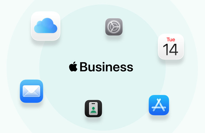 Apple Business, entouré d'icônes d'apps : iCloud, Réglages, Mail, Calendrier, App Store, app Apple Business