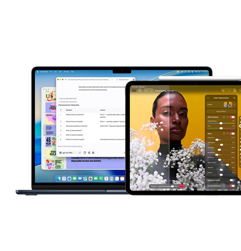 En Mac-skærm viser Apple Intelligence, en iPad-skærm viser Pixelmator Pro