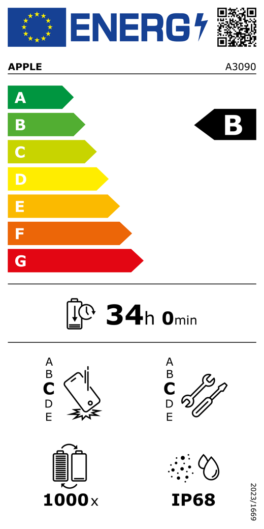 EU Energy Label QR code and information, Apple model A3090, class B, energy efficiency classes (with a scale from A to G), A (most efficient) to G (least efficient), battery endurance per cycle, 34 hours and 0 minutes per full battery charge, repeated free fall reliability class C, A (most robust) to E (least robust), repairability class C, A (most repairable) to E (least repairable), 1000 battery endurance in cycles, dust and water ingress protection (IP) rating IP68, regulation 2023/1669.