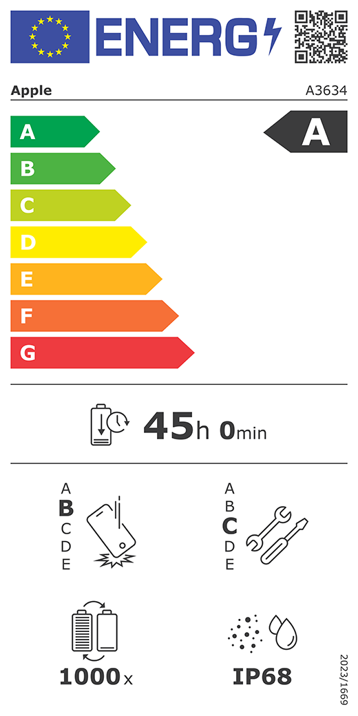 QR-kod för energimärkning och information (EU), Apple-modell A3634, klass A, klasser för energieffektivitet (skala från A till G), A (mest effektiv) till G (minst effektiv), batteritid per laddningscykel, 45 timmar och 0 minuter vid full laddning, tillförlitlighet vid upprepat fritt fall: klass B, A (mest robust) till E (minst robust), reparerbarhet: klass C, A (mest reparerbar) till E (minst reparerbar), batteriets livslängd i antal cykler: 1000, IP68-klassad damm- och vattentålighet, förordning 2023/1669