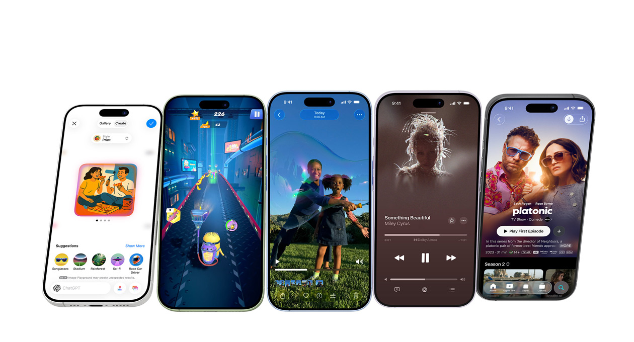 iPhone 17-enheter i olika färger, på skärmarna visas olika appar