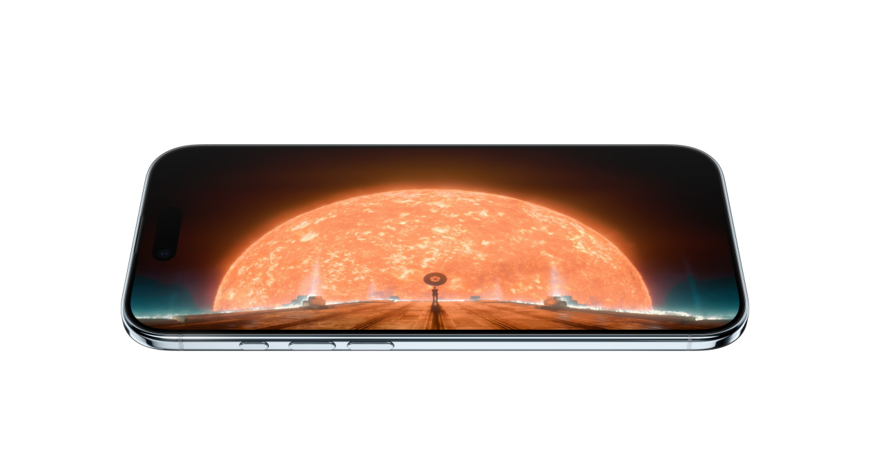 iPhone Air, face avant, côté, montrant une image statique de la série Apple TV Foundation