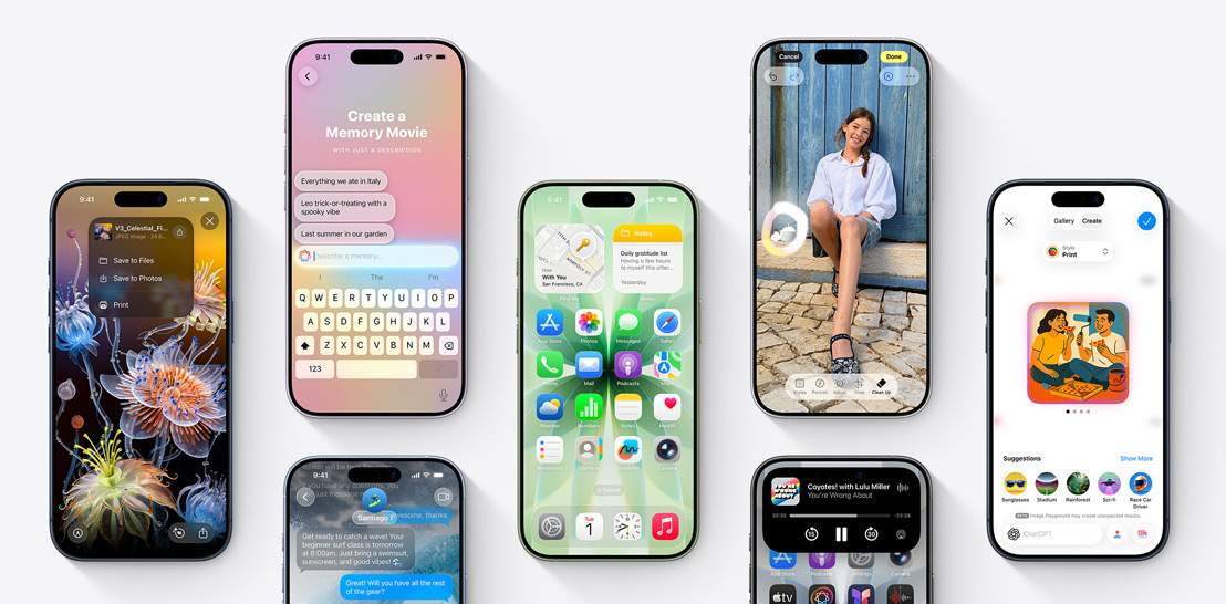 Flera iPhone 17- och 17 Pro-enheter med olika skärmar som visar iOS 26- och Apple Intelligence-funktioner
