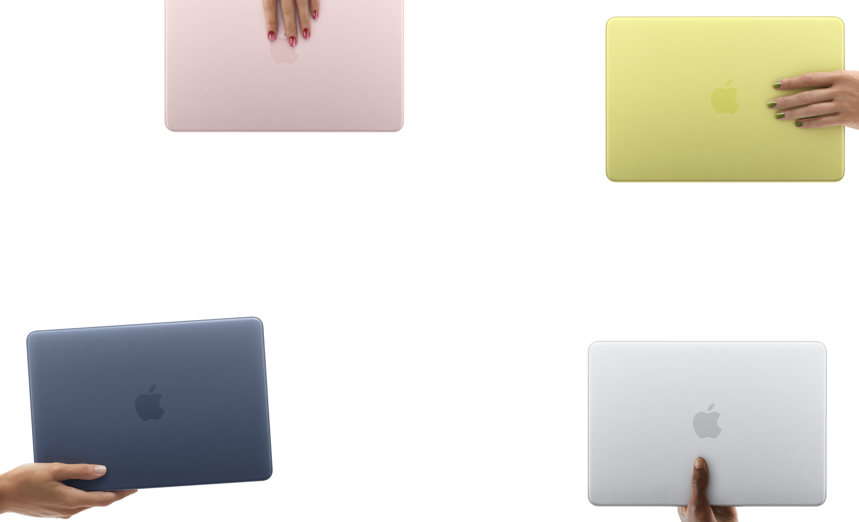 Portátiles MacBook Neo en varios colores, cada uno sostenido por una mano diferente
