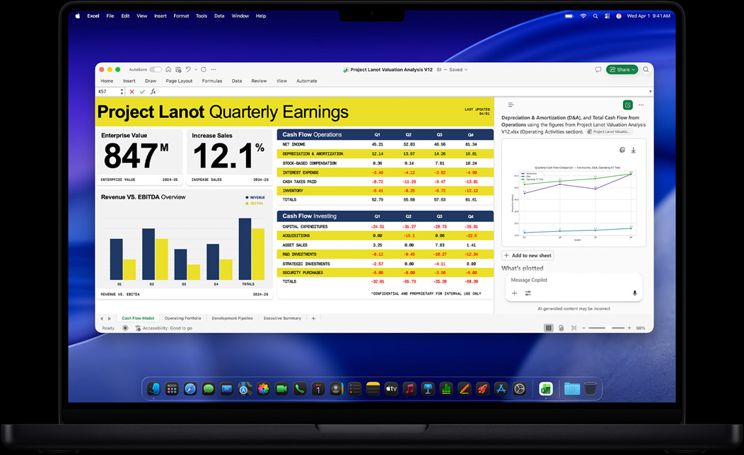 Ecrã do MacBook Pro a mostrar o Excel a ser utilizado para criar um relatório trimestral de ganhos