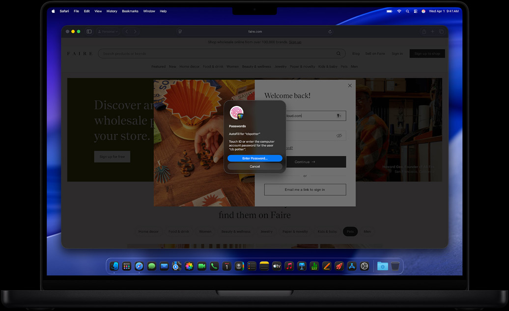 MacBook Pro em preto sideral, Safari e a aplicação Palavras-passe a pedir ao utilizador para iniciar sessão num site com o Touch ID