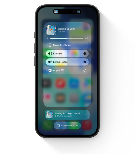 iPhone menampilkan UI AirPlay untuk audio multi-ruangan