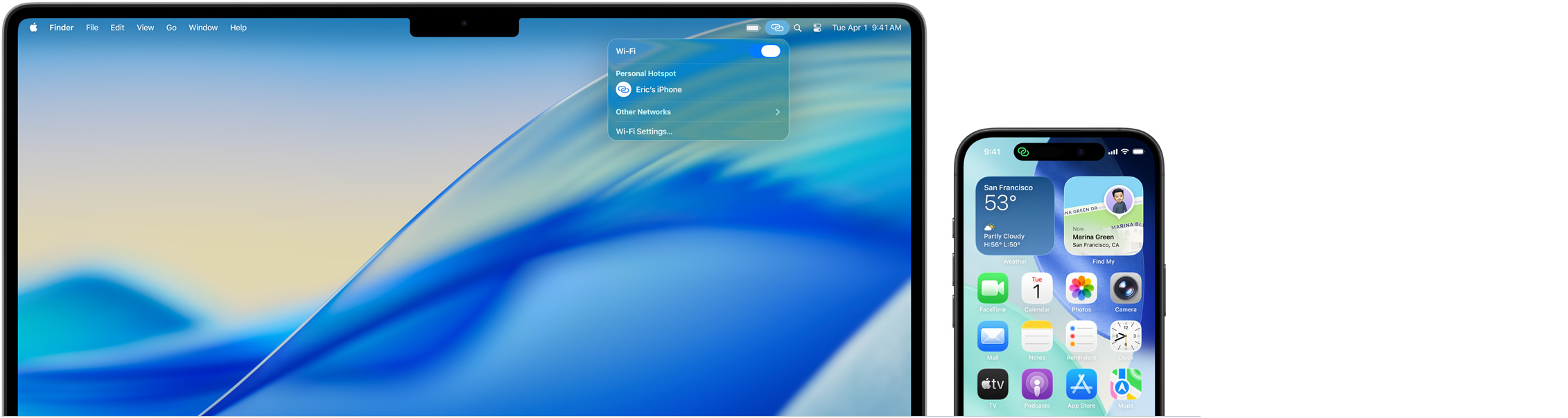 MacBook Pro 14 inci, Pusat Kontrol di bar menu terbuka, koneksi Hotspot Pribadi bertuliskan: Eric’s iPhone, iPhone 16 dengan indikator Hotspot Pribadi berwarna hijau di bagian kiri atas layar