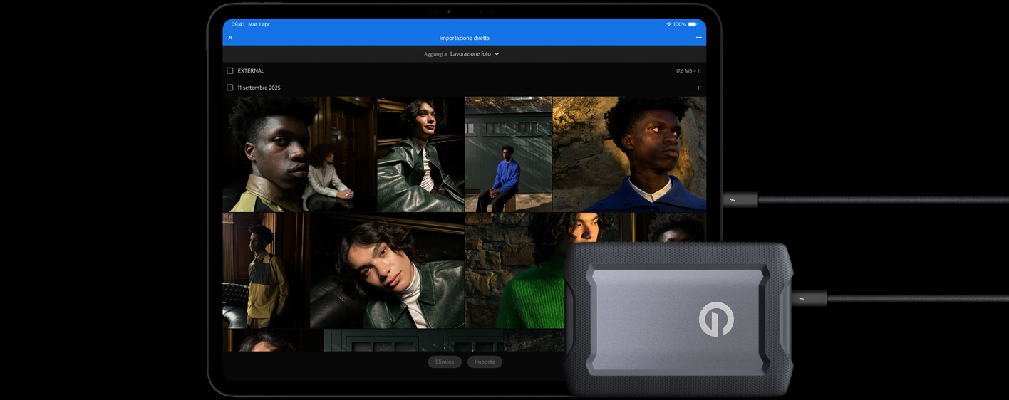 Un iPad Pro nero siderale in orizzontale visto di fronte, collegato via cavo a un disco rigido esterno USB‑C, il display mostra le foto di alcune persone che vengono importate in una cartella chiamata Shooting campagna