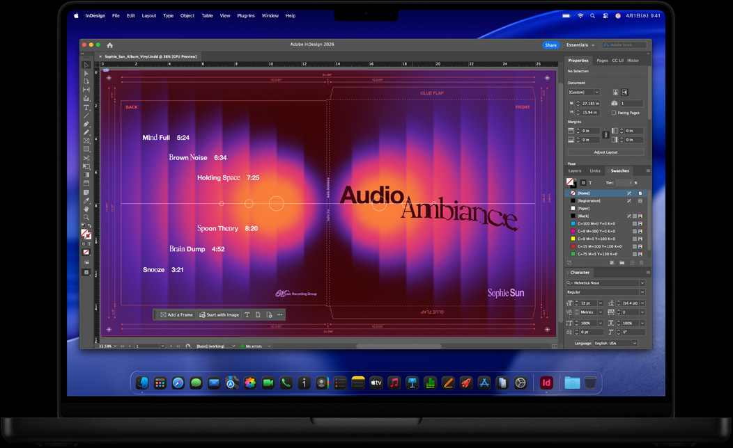 MacBook Proの画面に、Adobe InDesignを使ってレコード盤のジャケットを作る様子が表示されている