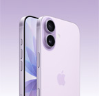 왼쪽 상단의 듀얼 Fusion 카메라 시스템과 카메라 컨트롤 버튼이 보이도록 비스듬하게 바라본 라벤더 색상 iPhone 17 뒷면 그리고 전면 화면 디자인, 동작 버튼, 음량 버튼, 측면 버튼이 보이도록 비스듬하게 바라본 앞면
