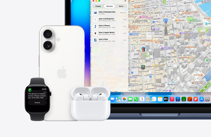 Apple Watch, le texte à l’écran indique « Cet appareil est identifié comme perdu, veuillez me contacter » avec un numéro de téléphone, à côté d’un iPhone, d’AirPods Pro et d’un MacBook Neo, couleur indigo, l’écran affiche l’app Localiser avec une carte et une liste d’appareils avec leur emplacement