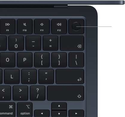 MacBook Air tastatūra, augšējais labais stūris, demonstrē Touch ID pogas atrašanās vietu