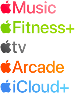 شعارات الخدمات المتوفرة للاشتراك من Apple بما في ذلك Apple Music و +Fitness، و Apple TV و +، و Apple Arcade، و +iCloud‏