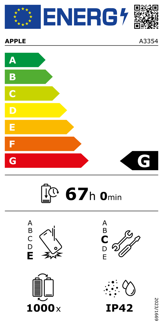Etykieta energetyczna UE, kod QR i informacje, model Apple A3354, klasa G, klasy efektywności energetycznej (w skali od A do G), od A (najwyższa efektywność) do G (najniższa efektywność), trwałość baterii na cykl, 67 godzin i 0 minut na pełne naładowanie baterii, wytrzymałość na spadki swobodne wielokrotne klasy E, od A (największa solidność) do E (najmniejsza solidność), możliwość naprawy klasy C, od A (największa możliwość naprawy) do E (najmniejsza możliwość naprawy), trwałość baterii w cyklach 1000, ochrona przed wnikaniem pyłu i wody (IP) klasy IP42, rozporządzenie 2023/1669