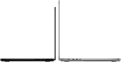MacBook Pro de 14 inchi și 16 inchi, spate la spate, prezentând diferența de dimensiune și subliniind profilul îngust