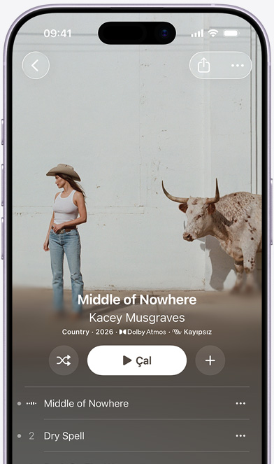 Apple Music’te Kacey Musgraves’in “Middle of Nowhere” adlı albümünün gösterildiği iPhone ekranı