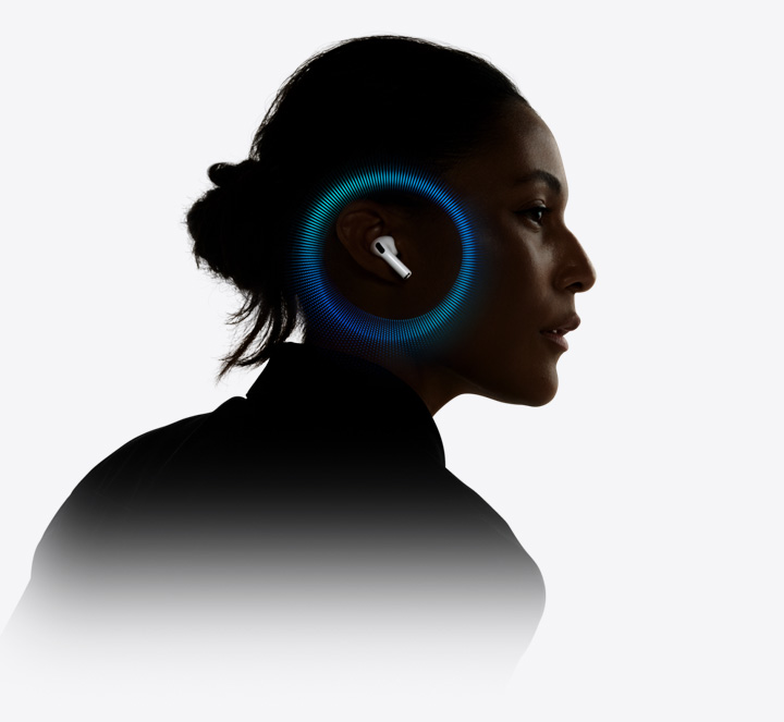 Eine Person, die AirPods Pro 3 trägt, mit Schallwellen um ihr Ohr.