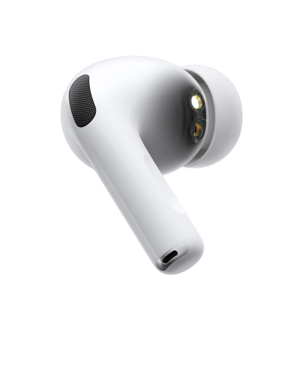 AirPods Pro 3, безжична слушалка, бял цвят, страничен екстериор, късо стъбло, шумопотискащ микрофон, силиконов накрайник, пулсираща вълна