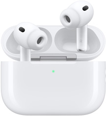 AirPods Pro 3 y estuche de carga MagSafe (USB-C), diseño redondeado, indicador de carga LED, estuche abierto, color blanco, audífonos inalámbricos con almohadillas de silicón, parte inferior con las letras L y R