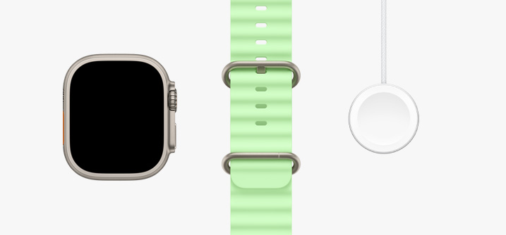 Apple Watch Ultra 3, natural titanium colour case, edge-to-edge display, neon green Ocean strap, Apple Watch Magnetic Fast Charger to USB-C Cable