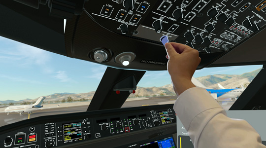 A person’s hand ajusts a control knob in a 3D projection of a plane's cockpit