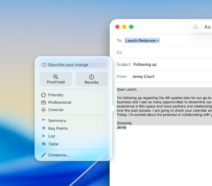 郵件 app 的 Apple Intelligence 書寫工具面板，展示提供校對、重寫及調整語氣等選項
