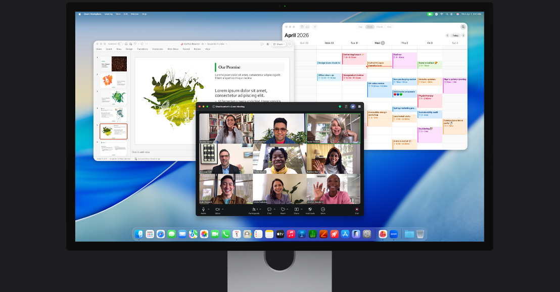 iMac 螢幕顯示 Zoom 視像通話，有多位參與者，背景中有開啟了的日曆和一份簡報