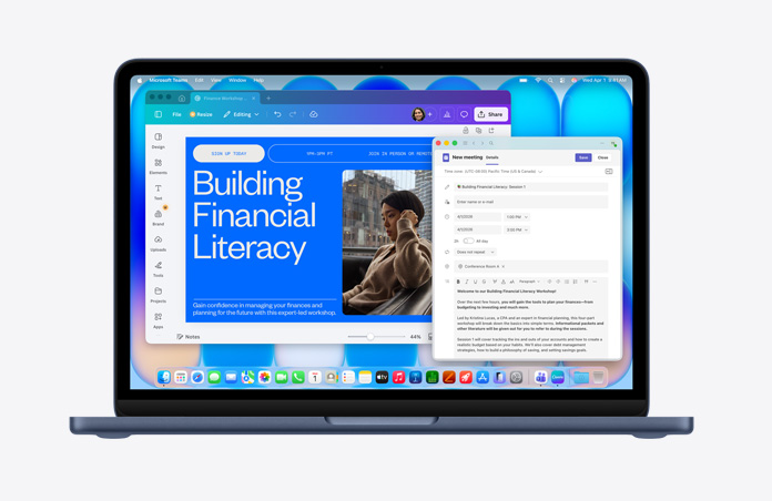 午夜暗色 MacBook Neo，正顯示著標題為 Building Financial Literacy 的網頁，配有人物圖片，以及一封打開的電郵草稿；選單列顯示各種圖示，Dock 則列出各款 app 圖示。