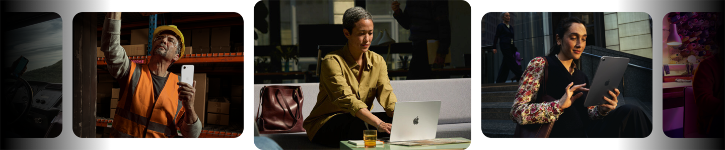 由左至右，各行各業的人士在不同工作場景中使用 MacBook、iPhone 和 iPad