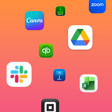 Icons of productivity apps including Slack, Canva, Google Workspace, Zoom, Quickbooks, Keynote, Excel, Square, and Numbers against a colorful background.
