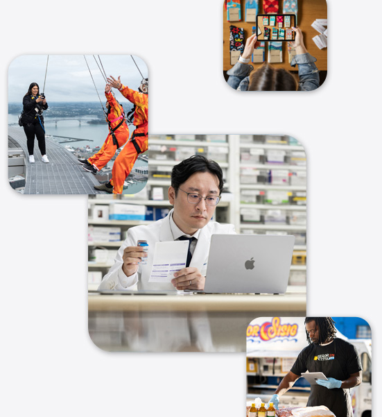 Various small businesses, including a pharmicist in a lab coat interacting with a MacBook, a bungee jumping instructor taking an iPhone photo of two people about to bungee jump, and a man holding an iPad while interacting with food items.