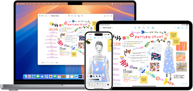 Una MacBook, un iPhone y un iPad muestran el mismo pizarrón de Freeform con el título Pattern Study.