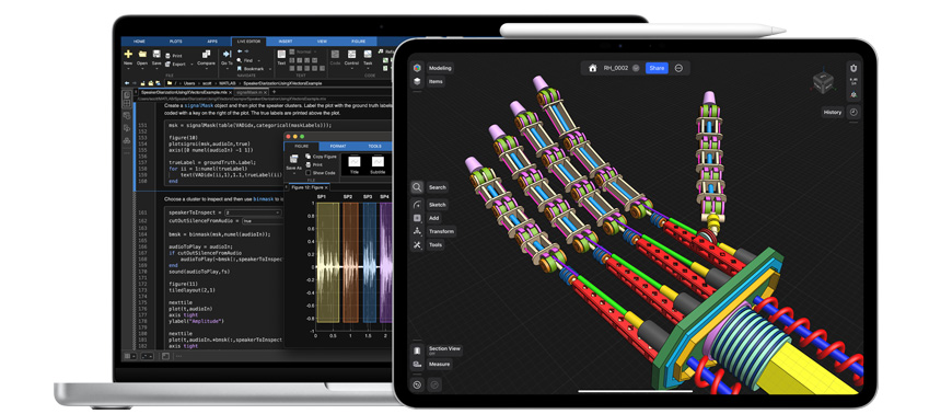 Apps de ciencia, tecnología, ingeniería y matemática en una MacBook y un iPad, con un Apple Pencil Pro al lado del iPad.