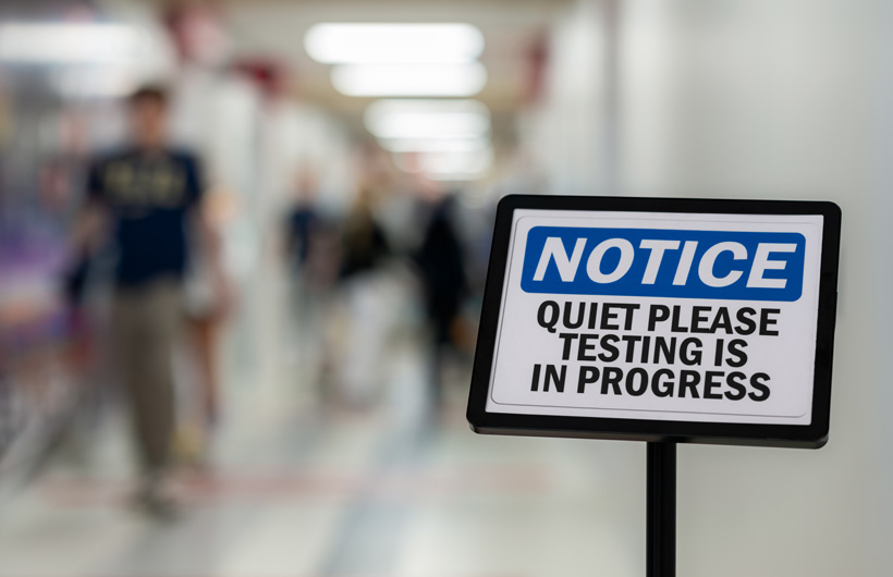 En skylt med texten Notice. Quiet please testing is in progress, en skolkorridor med människor som går i bakgrunden.