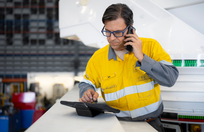 En medarbejder på virksomhedens lager holder en iPhone op til øret og arbejder samtidig på en iPad
