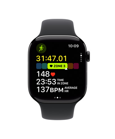 Apple Watch Series 11, černý sportovní řemínek, zepředu, zobrazené softwarové položky Cvičení, Běh venku, Zóny tepové frekvence