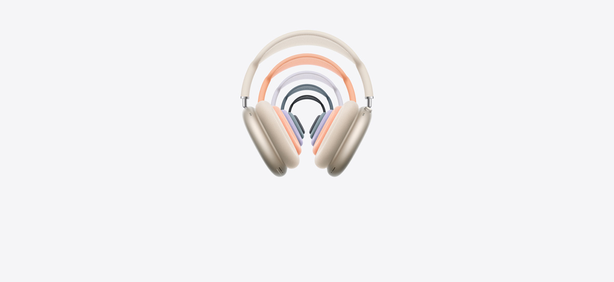 سماعات AirPods Max 2 فوق الأذن، عرض أمامي، مكدّسة، معروضة بألوان متعددة، مع قبة شبكية ووسائد إسفنجية، وتاج رقمي وزر وضع الاستماع