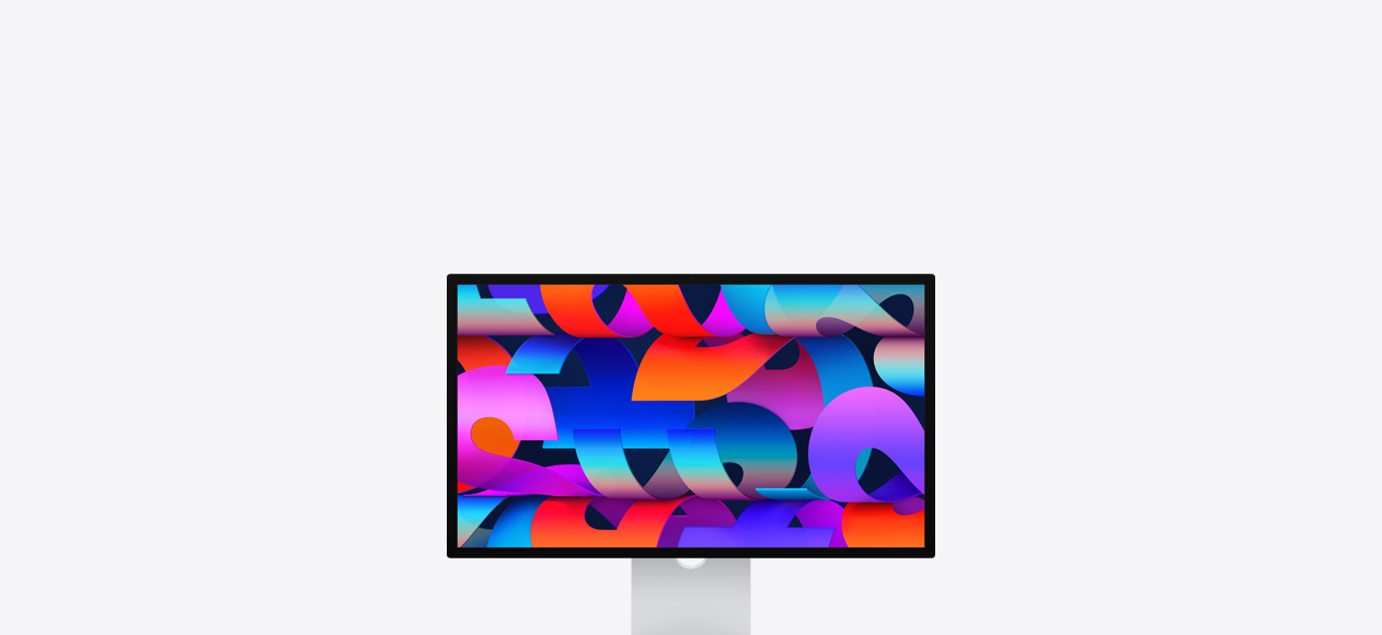 Studio Display avec fond d’écran coloré évoquant un ruban