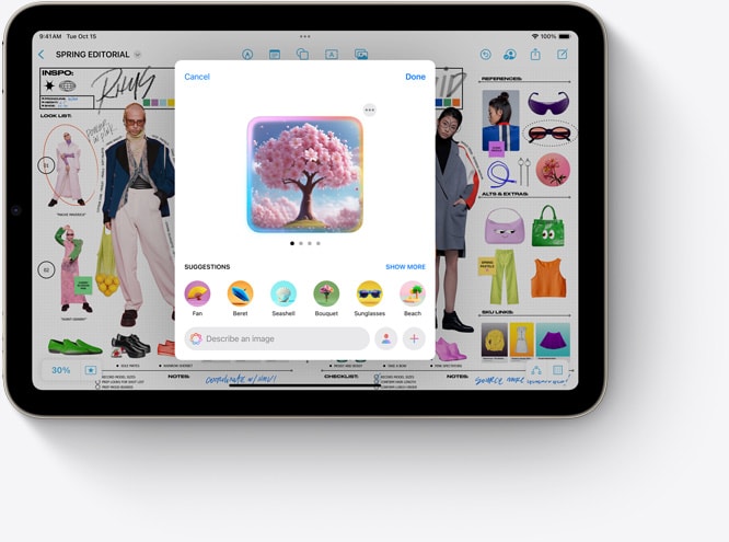En iPad mini visar Image Playground, en ny Apple Intelligence-funktion, som används tillsammans med Freeform.
