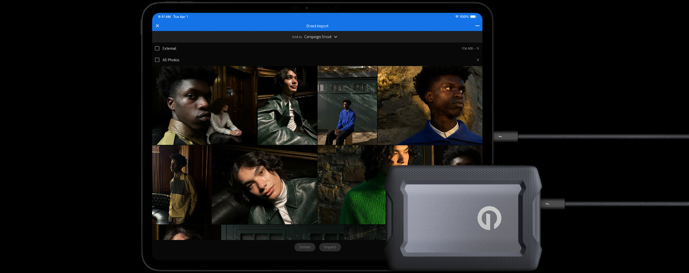 iPad Pro, front exterior, landscape orientation, space black colour, connected with a cable to a USB‑C external hard drive, display showing photos of models being imported to a folder called Campaign Shoot