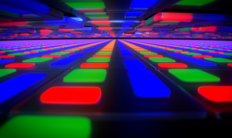 iPad Pro, front exterior, Ultra Retina XDR display illuminated with a dynamic pattern of blue, green and red colours