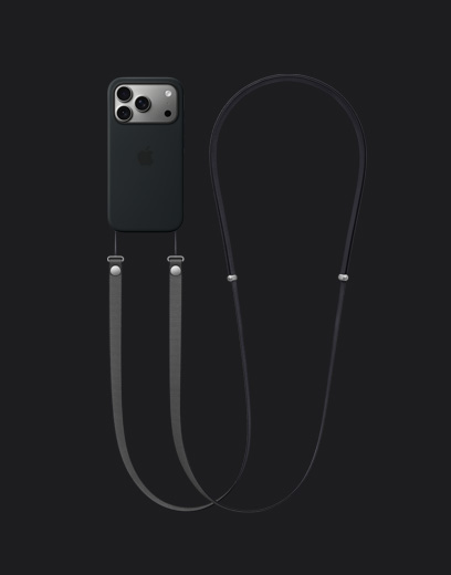 iPhone 17 Pro, vỏ ngoài mặt sau, màu bạc, Ốp Lưng Silicon MagSafe màu đen gắn Dây Đeo Chéo màu xám đậm